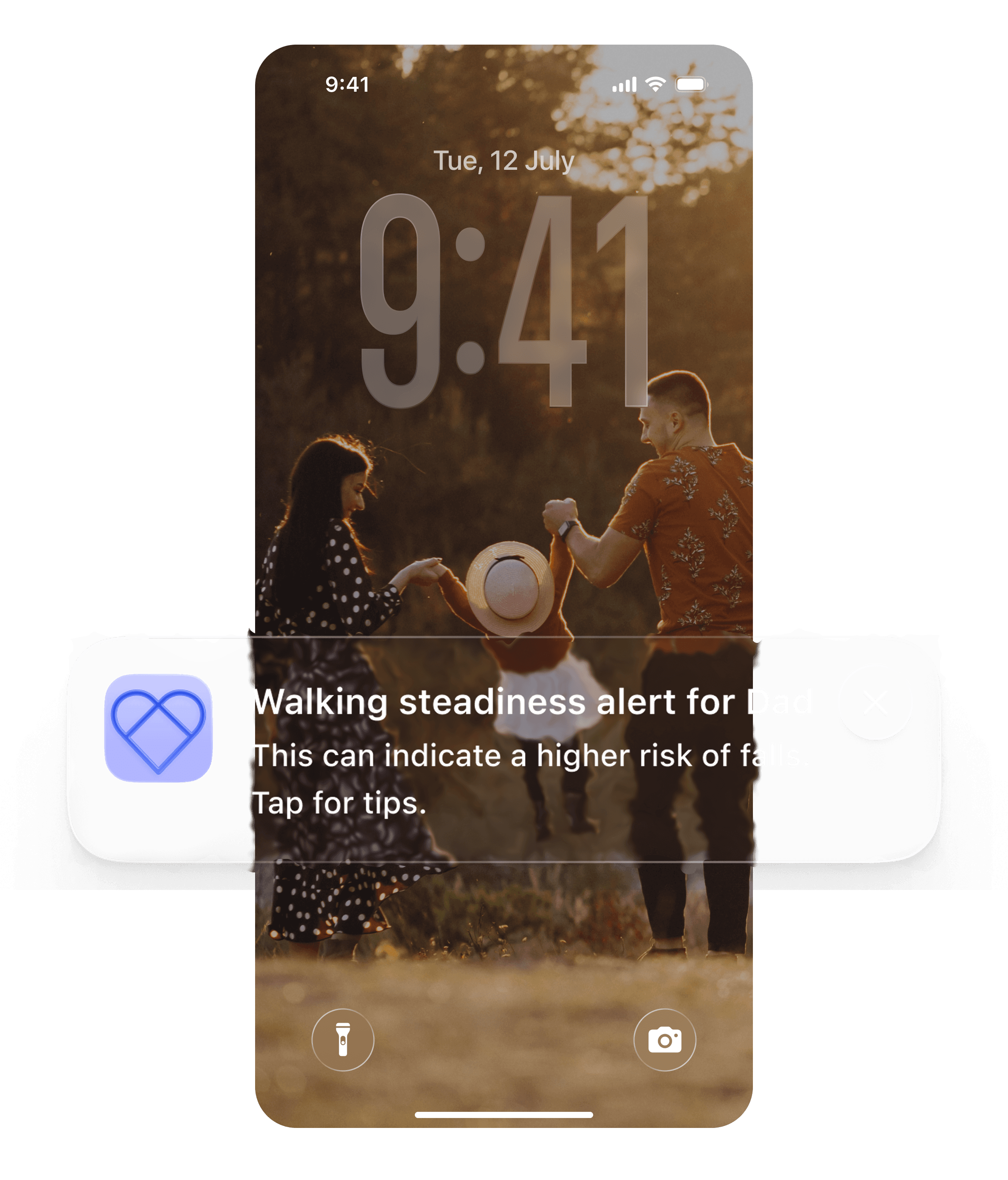 Safesense app notification showing walking steadiness alert