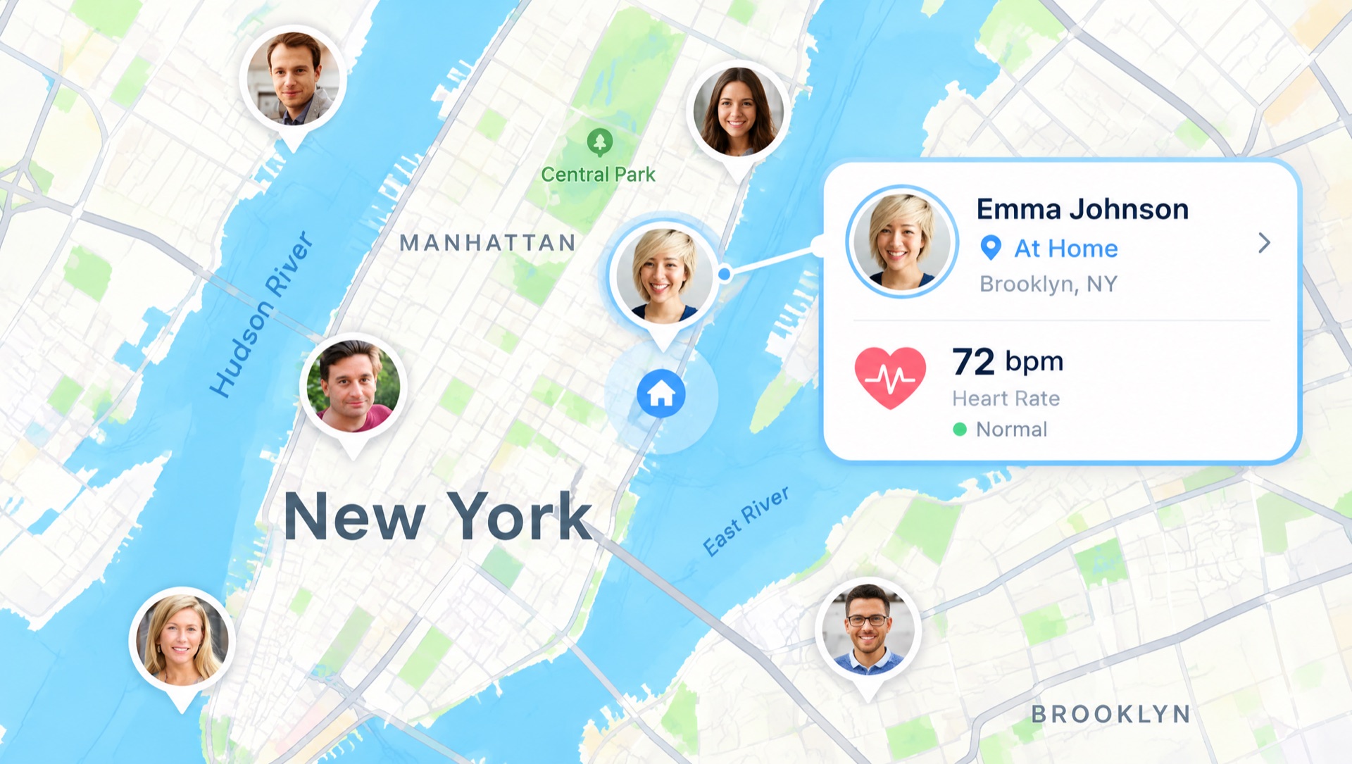 SafeSense family map showing where each family member is, with one member at home and a normal heart rate of 72 bpm