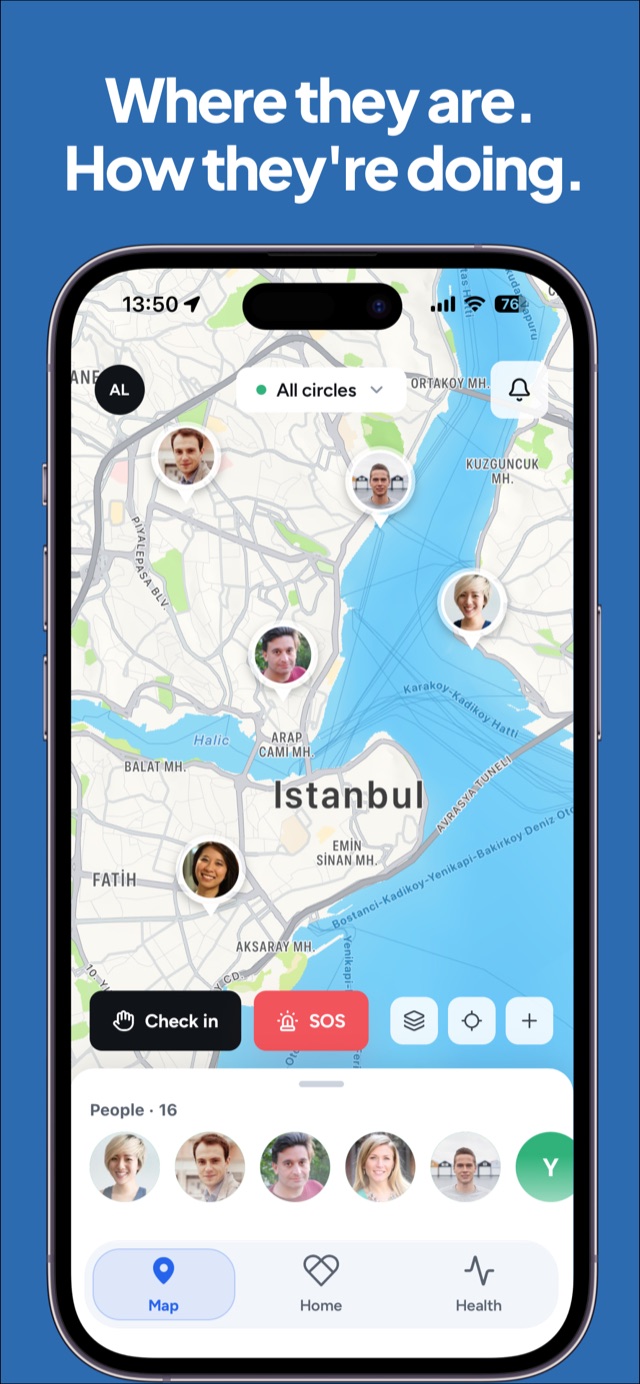 Safesense map showing the live location of each family member