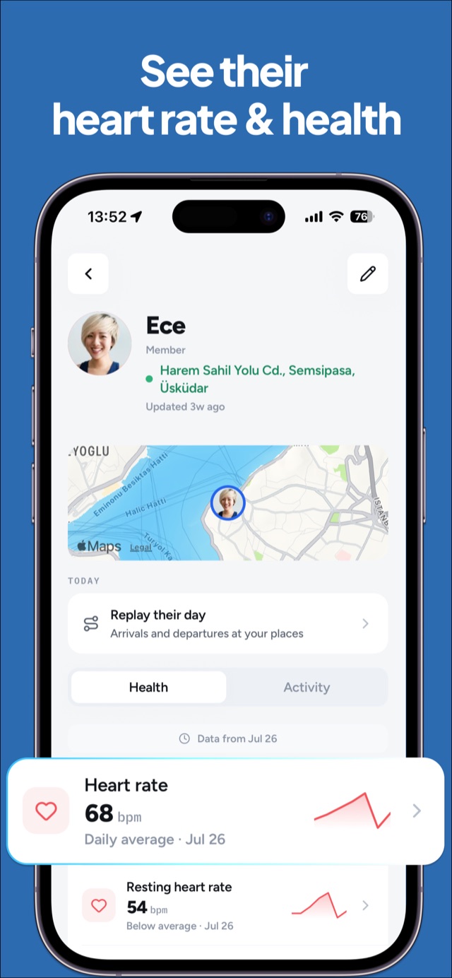 Family member profile with heart rate and health data