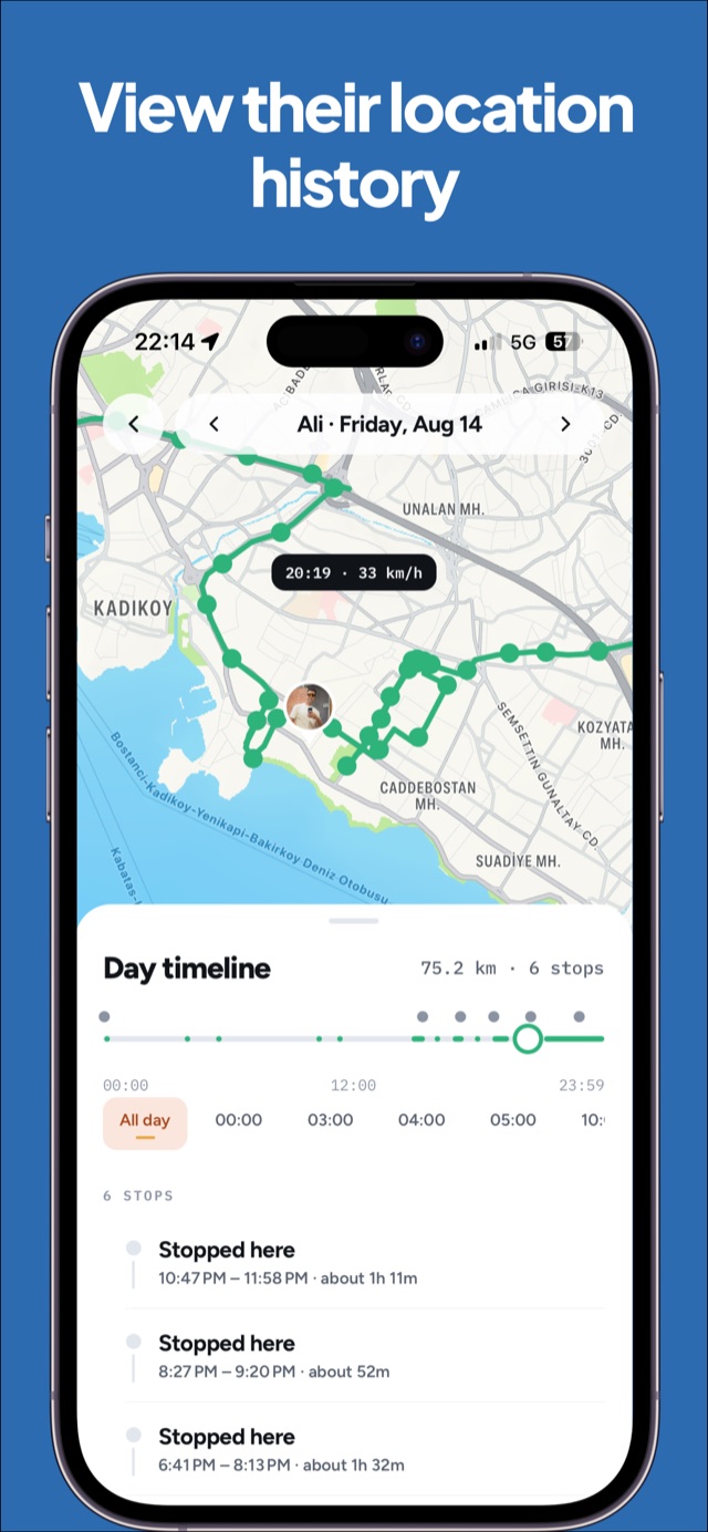 Location history timeline showing where a family member went during the day