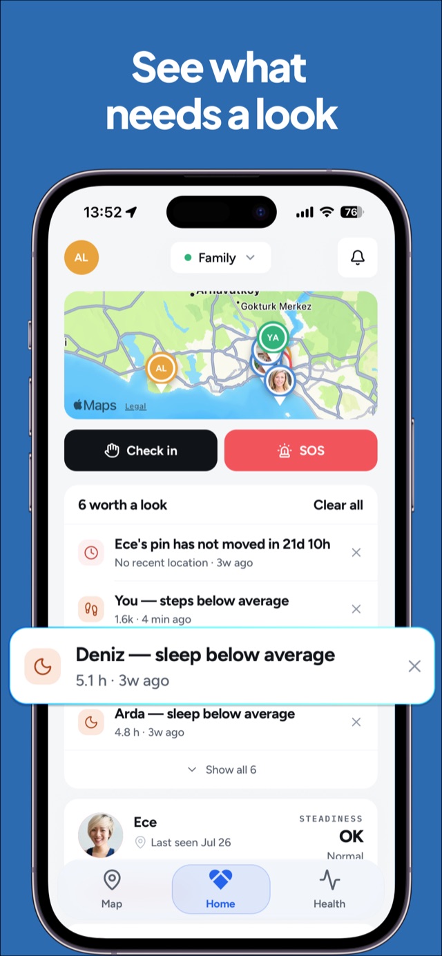 Home screen listing what needs a look, such as below-average sleep