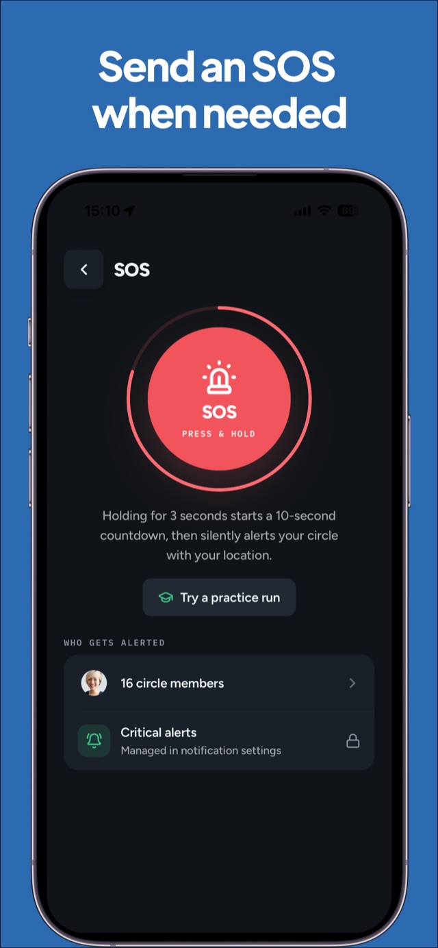 SOS screen with a press-and-hold button that alerts your Circle